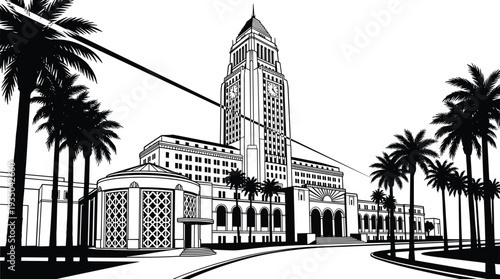 Los Angeles City Hall landmark with palm trees and historic civic architecture, downtown California urban line art vector illustration