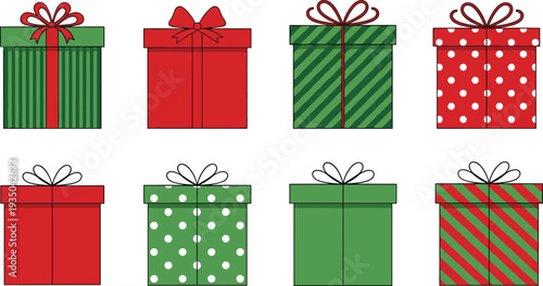 Collection of red and green Christmas gift boxes with ribbons and bows featuring polka dots and stripes for holiday greeting cards and winter celebrations