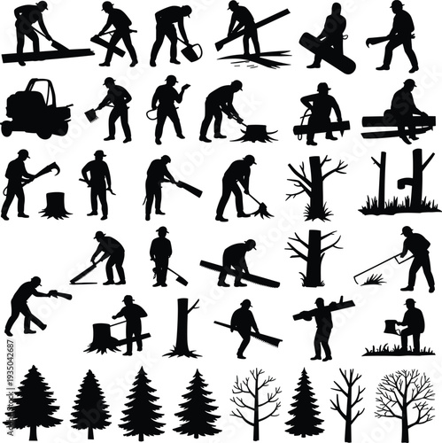 Lumberjack and forestry worker silhouettes set with chainsaw logging tree cutting activities vector illustration isolated on white background