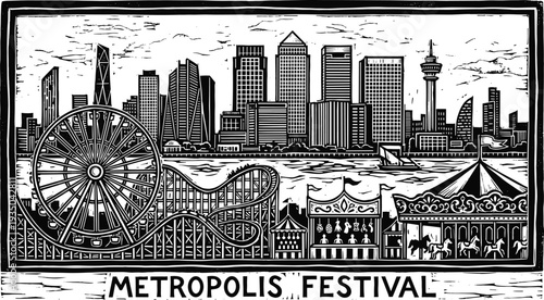 Metropolis festival city skyline illustration with ferris wheel, carnival rides and modern skyscrapers, urban entertainment poster style vector