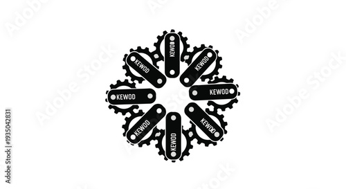 Abstract circular arrangement of gears and sprockets symbolizing mechanical connection and industry.