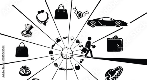 Man drawn to luxury, surrounded by symbols of wealth and desire, chasing the dream.