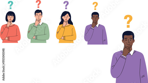 Diverse people thinking with question marks, confusion concept, decision making, problem solving, curiosity, brainstorming, flat vector illustration, teamwork idea search