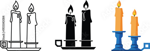 Burning candles icons set romantic candlelight decoration flame vector illustration collection design element
