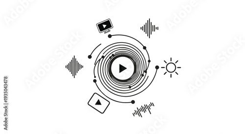Abstract digital vortex with media icons symbolizing content creation and data flow