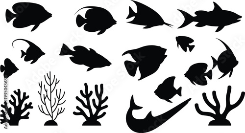 Marine fish and coral silhouettes collection showing tropical ocean animals and underwater reef elements vector illustration isolated set