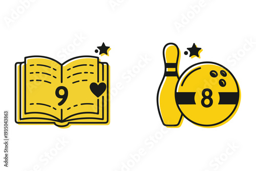 Set of 2 yellow and black icons vector with book and bowling elements