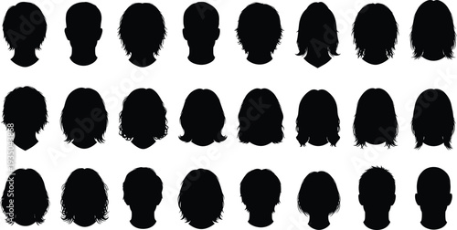 Men and women hairstyle silhouettes collection short and long hair cuts black head profiles vector illustration isolated