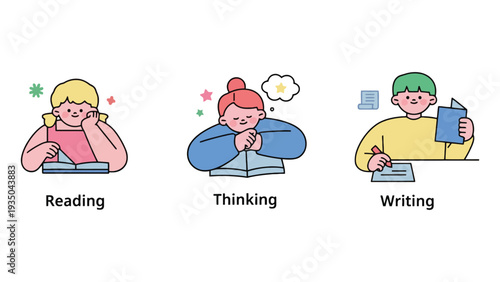 Students engaged in learning activities with reading, thinking, and writing