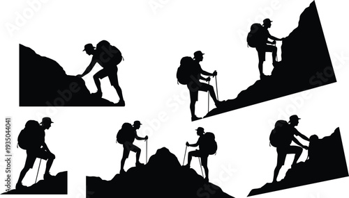 Mountain climber silhouettes set showing hikers ascending steep peaks with backpacks and trekking poles adventure hiking expedition concept vector illustration isolated collection
