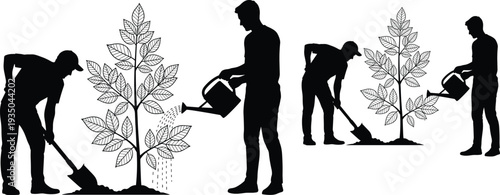 Gardener planting tree silhouettes, watering plants and digging soil, gardening work concept, nature care activity, vector illustration set