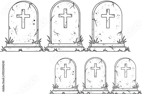 Gravestone tombstone line art collection, cemetery memorial crosses set, Halloween grave markers, spooky graveyard elements, vector illustration