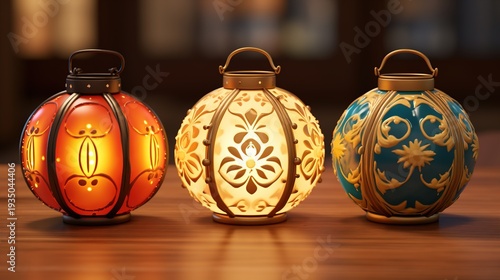 Wallpaper Mural Three Ornate Lanterns with Warm Glow on Wooden Surface Torontodigital.ca