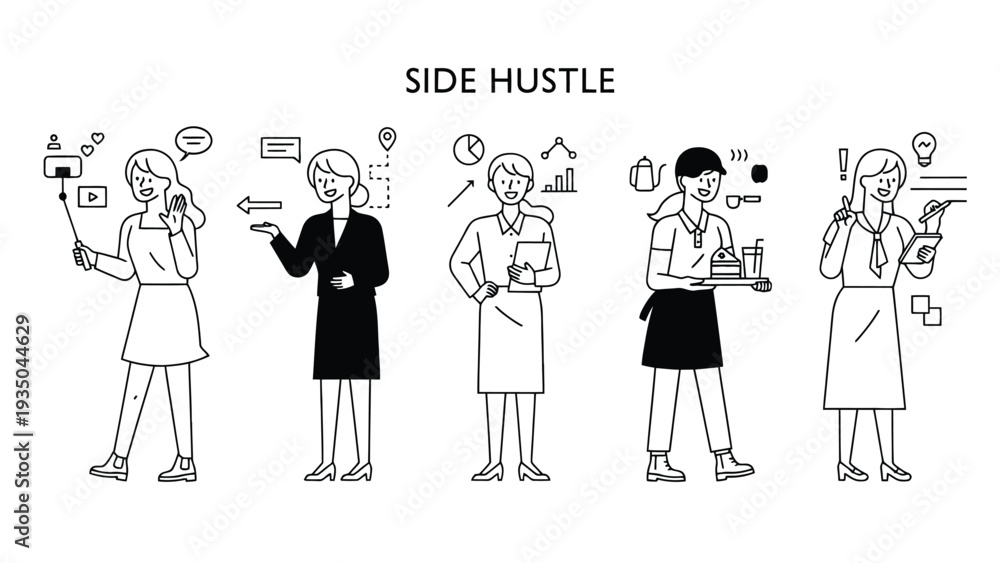 Obraz premium Side hustle vector illustration of people working on various projects