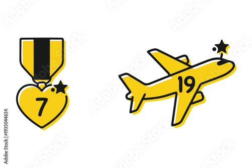 Set of 2 yellow line art icons with numbers 7 and 19 vector