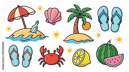 Cartoon summer beach vacation icons collection with tropical elements and fruits