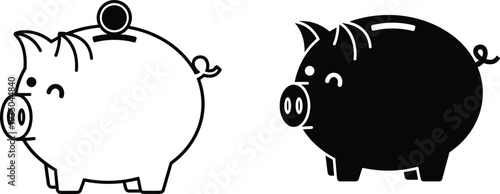 Piggy bank icon collection with outline and solid styles, cute money savings box vector illustration isolated on white background