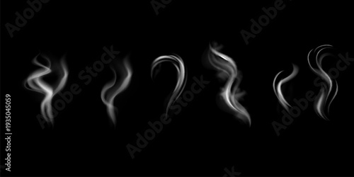 Realistic white cloud or fire smoke in the sky and vector weather element on transparent background. Chimney smoke, fog wave or cloud pattern with overlay effect. Cloud art or smoky air illustration.
