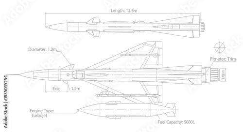 Detailed technical drawing of a supersonic aircraft with dimensions and specifications.