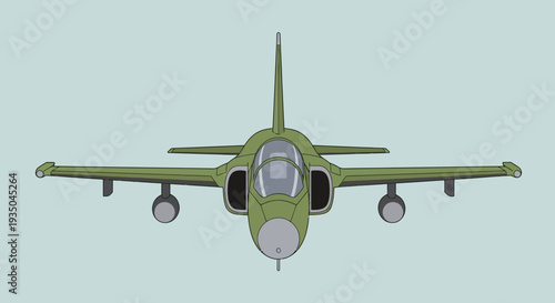 Front view of a green military aircraft with engines and cockpit.