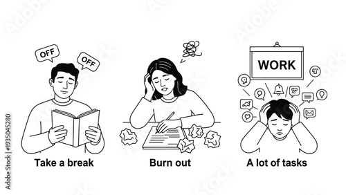 Illustrations showing the progression from taking a break to burnout and overwhelm from many tasks.