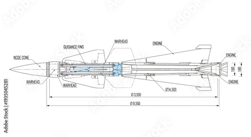 Detailed technical drawing of a rocket with labeled components and dimensions.
