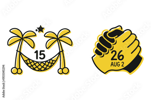 Set of 2 yellow and black line art icons vector with date and palm trees