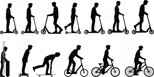 Scooter and bicycle rider silhouettes set with people commuting and skating, urban transport vector illustration isolated on white background