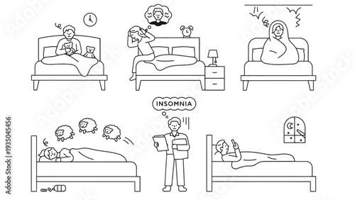 Insomnia illustration shows people having trouble sleeping in bed at night