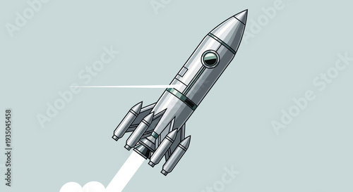 Vintage style illustration of a rocket ship launching into space.