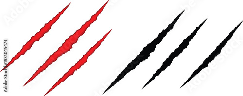 Set of red and black claw scratch marks slashes isolated on white background, aggressive animal scratch vector illustration design