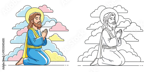 Jesus Praying on Knees Coloring Page - Spiritual Devotion, Faith, and Gethsemane Moment.