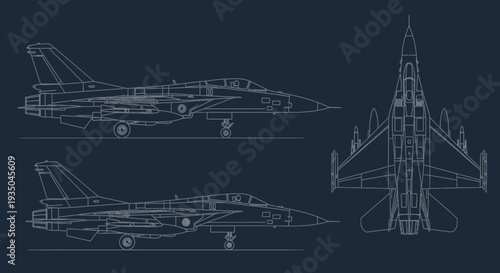 Detailed technical drawing of a fighter jet from multiple angles.