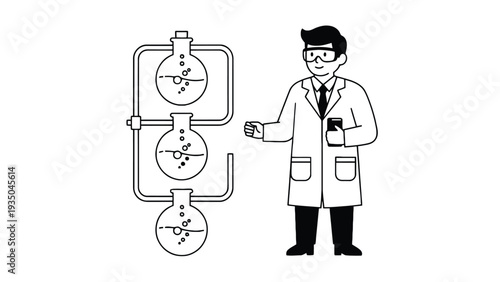Scientist standing next to a laboratory equipment with colorful liquids