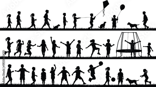 Black silhouettes of children playing outdoors with dogs flying kites jumping on trampolines and playing ball on grass field vector set.