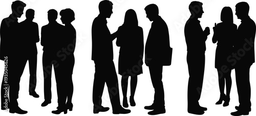 Business people conversation silhouettes set, office colleagues talking meeting discussion groups, corporate teamwork communication, black vector illustration isolated