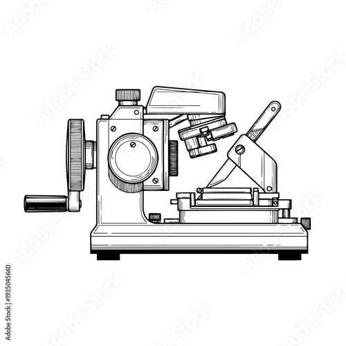 Professional microtome black and white vector icon representing a precision instrument used for cutting thin tissue sections in pathology and research laboratories