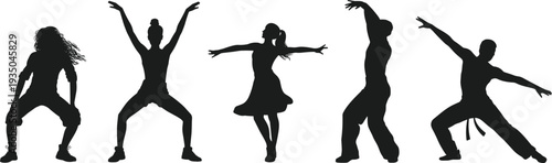 Dancing people silhouettes set, expressive modern dance and freestyle movement poses, performers artistic motion vector illustration isolated on white background