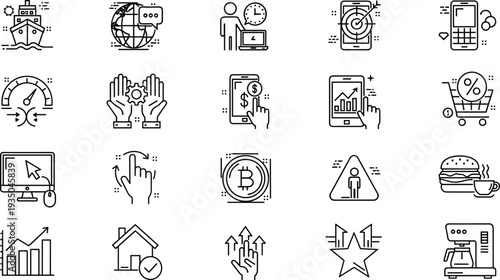 Business technology and ecommerce line icons set analytics shopping bitcoin communication vector illustration collection design