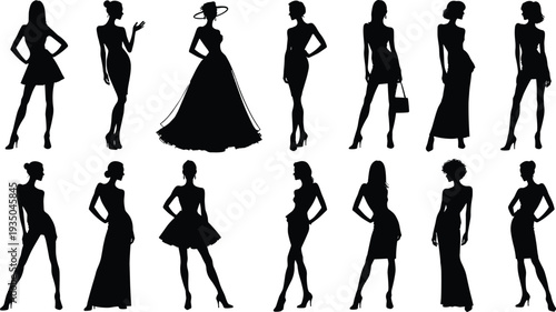 Elegant Fashion Model Silhouettes in Stylish Dresses and Poses for Beauty Design Luxury Apparel Shopping Glamour Runway and Modern Woman Lifestyle
