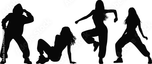 Dynamic hip hop dance silhouettes, urban street dancers posing, energetic movement, isolated black figures, modern choreography, youth culture concept, fitness rhythm art