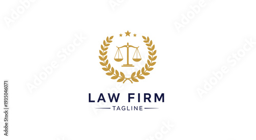 A law firm logo features a gold scale with stars and leaves on a white background