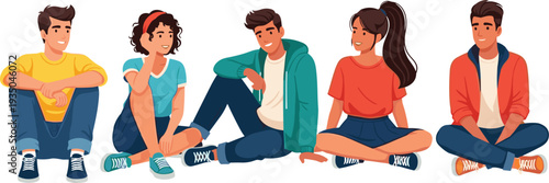Group of Happy Young Adults Sitting Together and Talking Friendly Students Teamwork Friendship Concept Flat Cartoon Vector Illustration