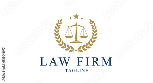 Law firm logo features scales of justice and laurel wreath on white background