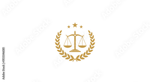Law firm logo features a laurel wreath with scales and stars symbolizing justice and excellence in a professional setting.