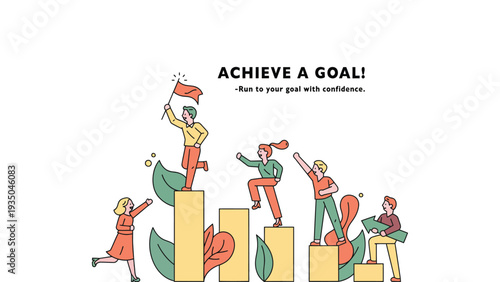 People standing on bar graphs achieving success with confidence and motivation