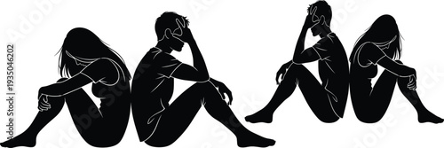 Sad man and woman silhouettes sitting alone, depression and loneliness concept, mental health emotion, stress anxiety vector illustration
