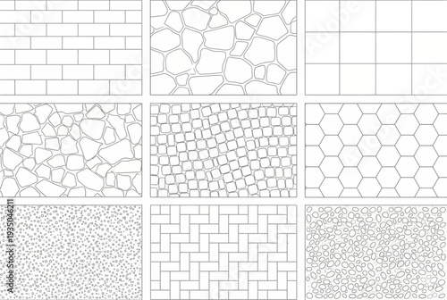 Set of Pavement and Wall Texture Patterns with Brick Stone and Hexagonal Tile Line Art