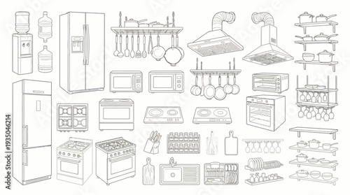 Large Collection of Kitchen Appliances and Cooking Equipment Line Art Illustrations for Interior Planning