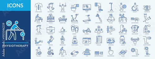 Physiotherapy - Icon Collection. Thin Outline Blue Set contains such Icons as massage, acupuncture, walking stick and more. Simple web icons set